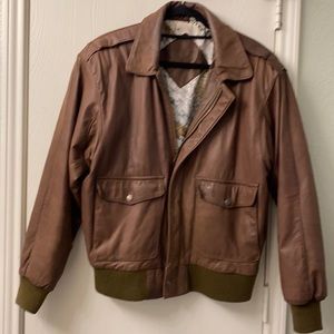 Brown Preston & York leather bomber jacket size Medium.